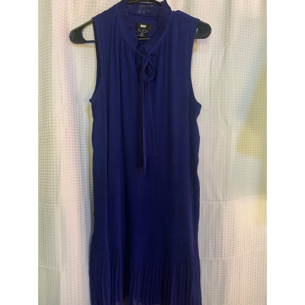 DKNY Royal Blue Pleated Sleeveless Tie Neck Shift Dress Womens Size 10